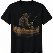 Bigfoot Fishing Retro Sasquatch Cotton T-Shirt in Black
