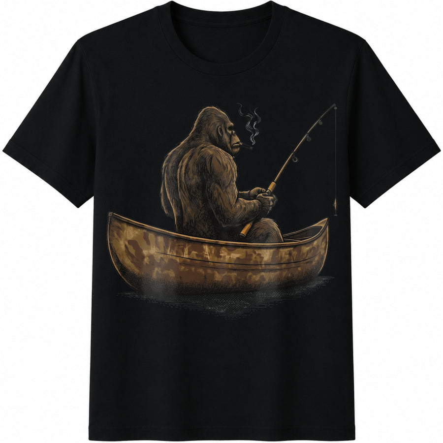 Bigfoot Fishing Retro Sasquatch Cotton T-Shirt in Black