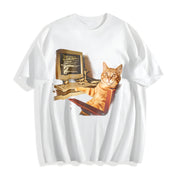 Office Cat Working at Computer Meme DTG Cotton T-Shirt in White