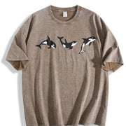 Orca Embroidered Ocean Animal Lover Vintage Washed T-Shirt in Brown