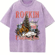 Retro Rocking Around the Christmas Tree Cute Teenager Vintage Washed T-Shirt in Purple