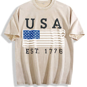 Embroidered USA Flag Vintage Washed T-Shirt in Beige