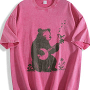 Banjo Bear Bird Retro Folk Music Animal Vintage Washed T-Shirt in Red