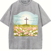 Christian Easter He Is Risen Vintage Washed T-Shirt in Gray