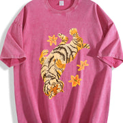 Pure with Tiger Short Sleeved and Slightly Elastic Vintage Washed T-Shirt in Red
