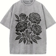 Linocut Flower Retro Block Peonies Vintage Washed T-Shirt in Gray