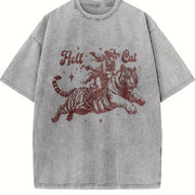 Hell Cat Cowgirl Riding Tiger Vintage Washed T-Shirt in Gray