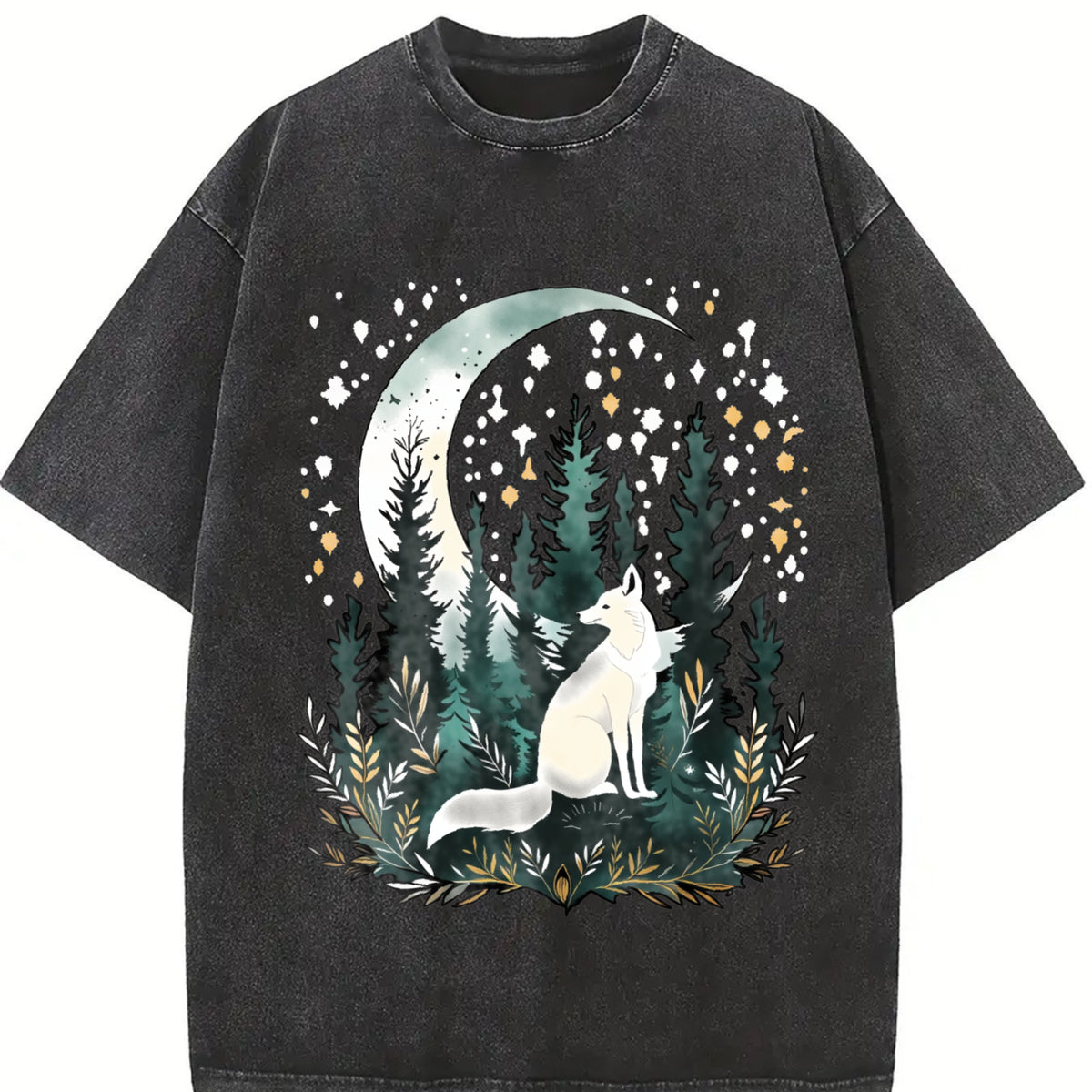 Bohemian Night Fox & Pine Forest Vintage Washed T-Shirt in Black