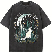 Bohemian Night Fox & Pine Forest Vintage Washed T-Shirt in Black