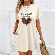 Elegant Baseball Grandma Short-sleeved Long Dress Cotton T-Shirt in White