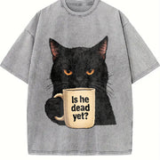 Is He Dead Yet Black Cat Dark Humor Liberal Democrat Vintage Washed T-Shirt in Gray