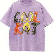 Retro 90s Cartoon Cats Cat Lover Vintage Washed T-Shirt in Purple
