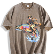 Cowboy Riding Trout Western Fishing Retro Vintage Washed T-Shirt in Brown