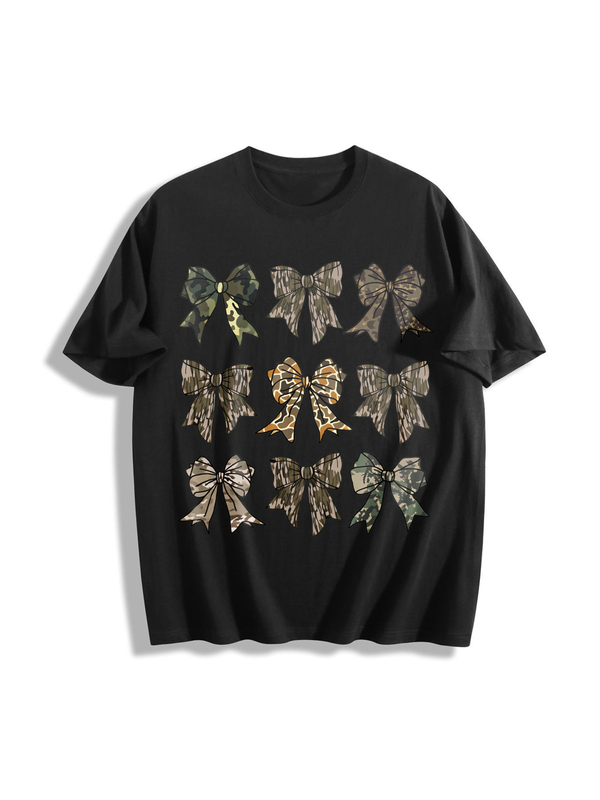 Retro Camo Coquette Bow Cotton T-Shirt in Black
