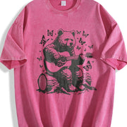 Bear Playing Guitar Retro Vintage Washed T-Shirt in Red