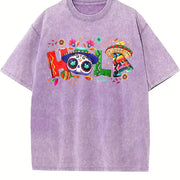 Holiday Letter Wide Brim Hat Cinco De Mayo Carnival HOLA Vintage Washed T-Shirt in Purple