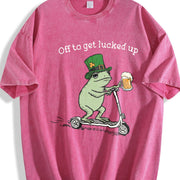 St Patricks Day Frog Off to Get Lucked Up Lucky Shamrock Vintage Washed T-Shirt in Red