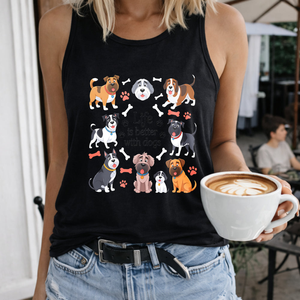 Cute Dogs and Bones Crew-neck Sleeveless Vest Outdoor Women's Color Cotton Tank Top in Black