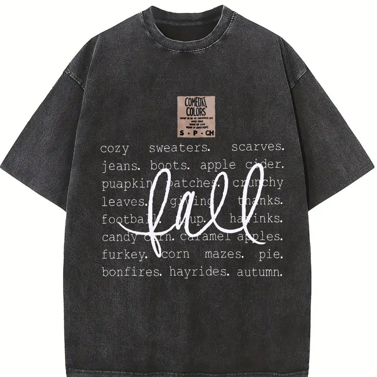 Cozy Fall Autumn Season Favorite Word Vintage Washed T-Shirt in Black