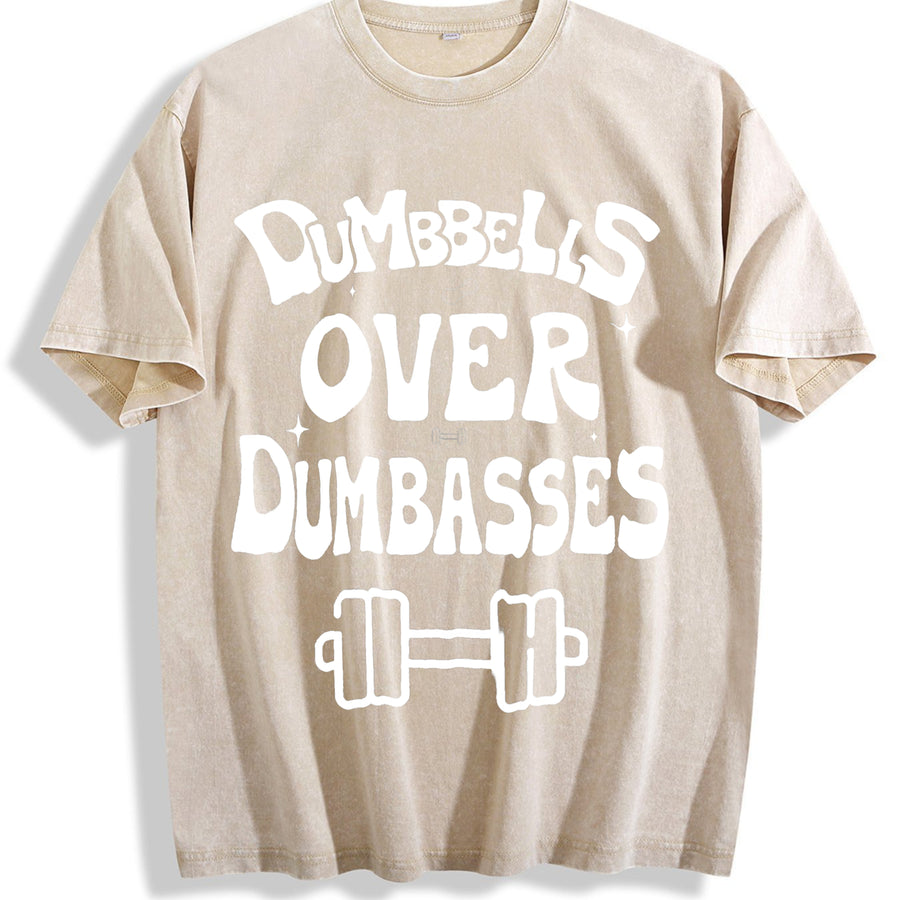 Dumbbells over dumbasses Muscle mommy Weight Lifting vintage washed oversized T-shirt in Beige