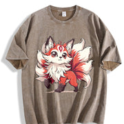 A Red and White Nine-tailed Fox Round-neck Short-sleeve Vintage Washed T-Shirt in Brown