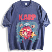 Jaws x Magikarp Poke Anime vintage washed oversized T-shirt in Blue