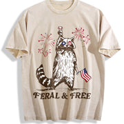 And. Pure Raccoon Flag and Firework Patterns Vintage Washed T-Shirt in Beige