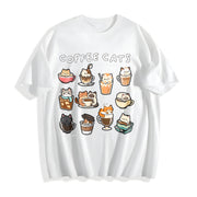 Coffee Cats Cat Drink Cotton T-Shirt in White