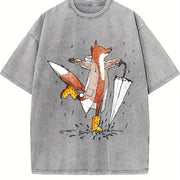 Fox in the Rain Fashionable Vintage Washed T-Shirt in Gray