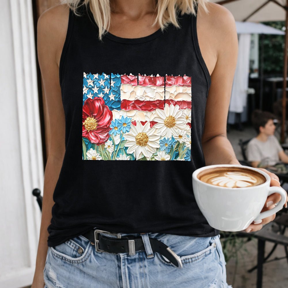 Floral 4th of July Women's Color Cotton Tank Top in Black