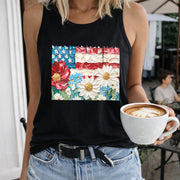 Floral 4th of July Women's Color Cotton Tank Top in Black