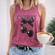 Cherry Bow and Two Cherries Crew-neck Sleeveless Vest Women's Color Cotton Tank Top in Red