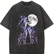 Three Wolf Retro Wolves Howling Moon Vintage Washed T-Shirt in Black