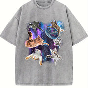 Cats Floating in Galaxy 90s Vintage Washed T-Shirt in Gray