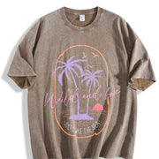 Retro Surf Tropical Beach Sunset Palm Tree and Surf Vintage Washed T-Shirt in Brown