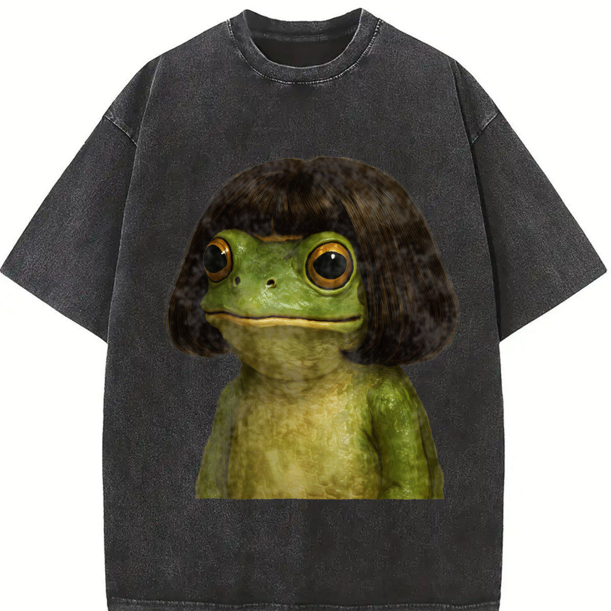 Bob Haircut Frog Meme vintage washed oversized T-shirt in Black