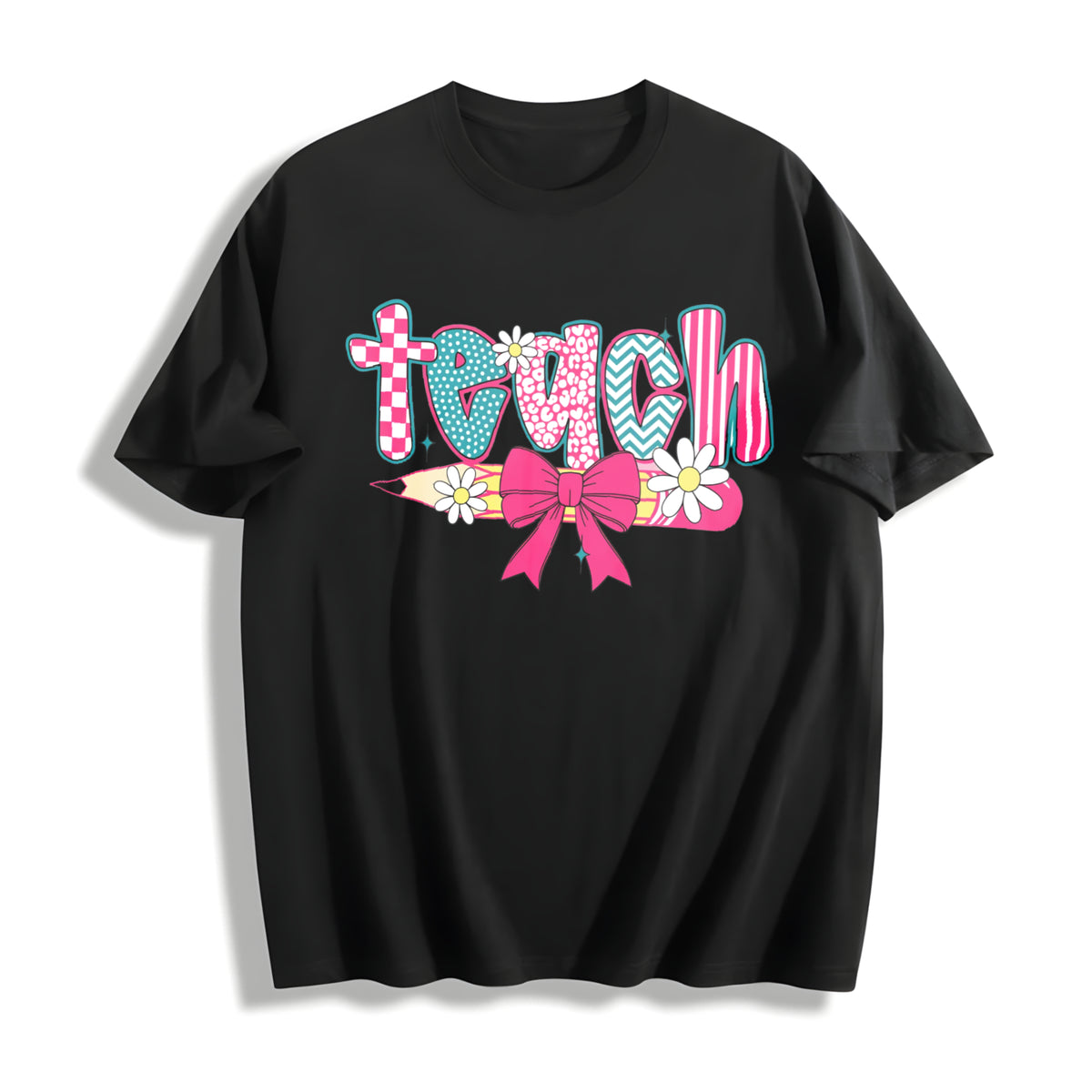 Checkered Teacher Floral Coquette Teacher Cotton T-Shirt in Black