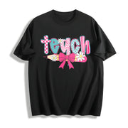 Checkered Teacher Floral Coquette Teacher Cotton T-Shirt in Black