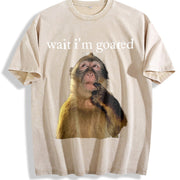 Wait I'm Goated Thinking Monkey Meme Brainrot Vintage Washed T-Shirt in Beige