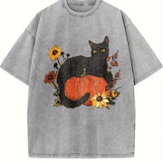Halloween Holiday Animal Cat Floral Pumpkin One-piece Vintage Washed T-Shirt in Gray