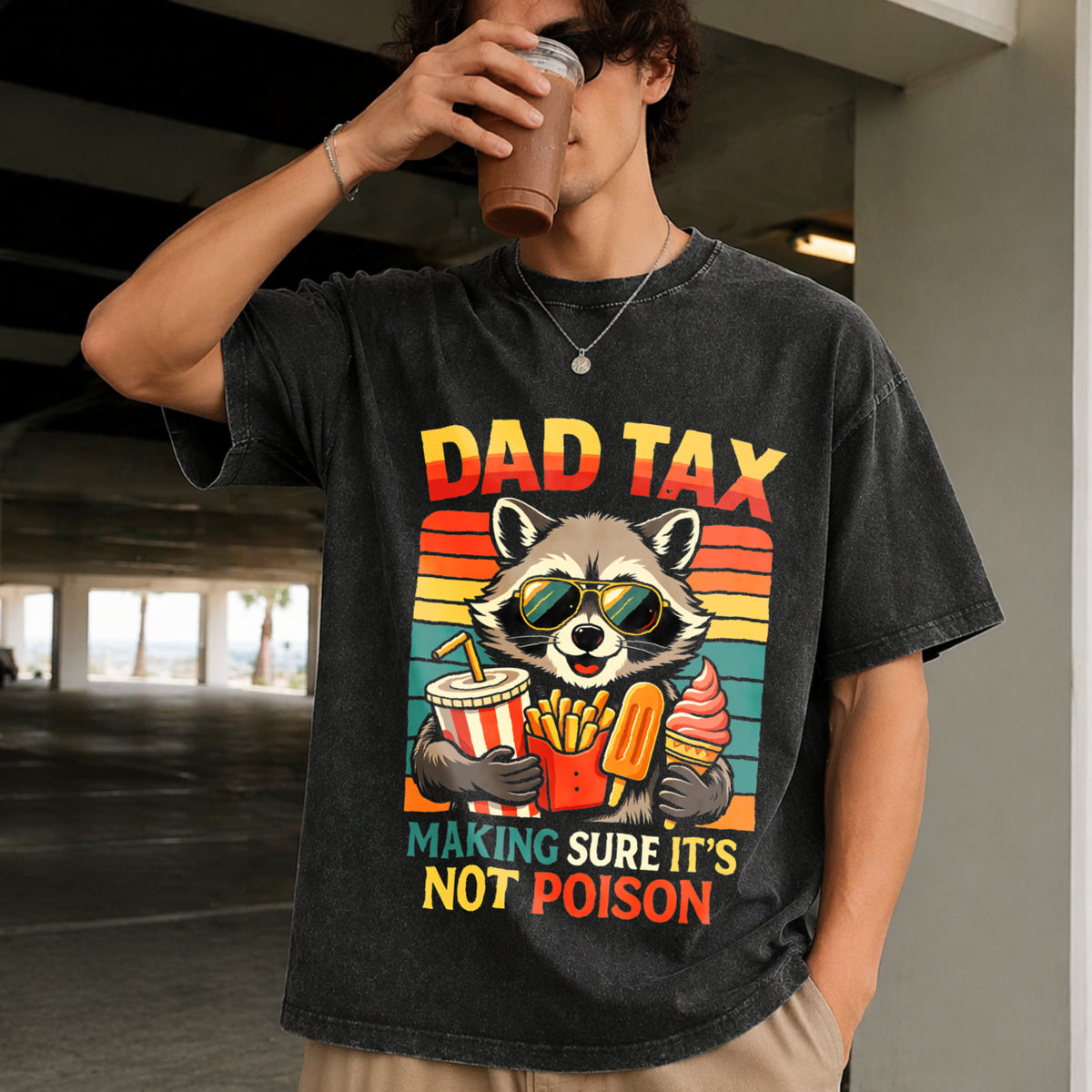 Dad Tax Raccoon Fathers Day Vintage Washed T-Shirt in Black