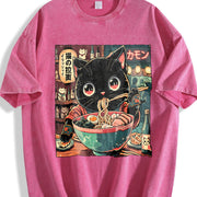 Urban Explorer and Grunge Vibe: Neko Ramen Cat Eating Vintage Washed T-Shirt in Red