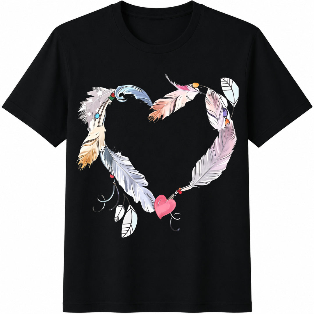 Feather Heart Cotton T-Shirt in Black
