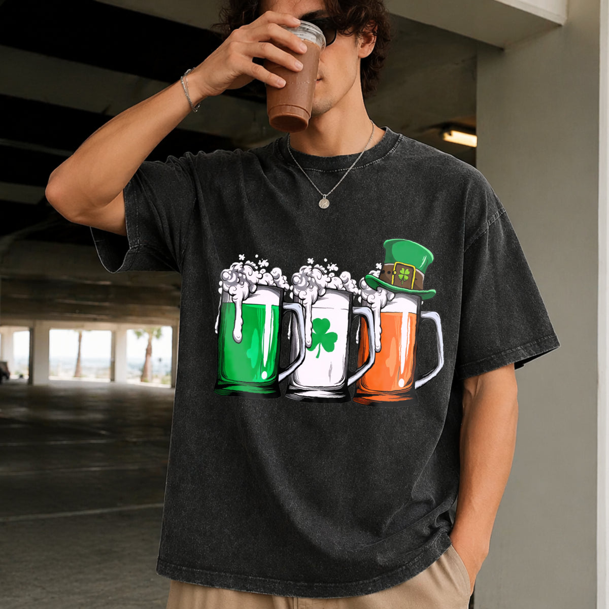 Irish Beer Ireland Flag St Patricks Day Leprechaun Small Vintage Washed T-Shirt in Black