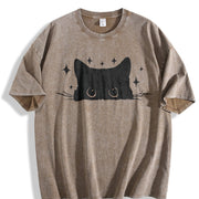 Cute Cat Black Cat Vintage Washed T-Shirt in Brown