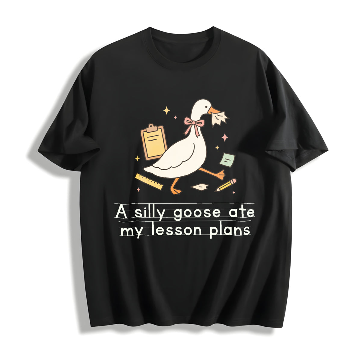 Silly Goose Ate My Lesson Plans Teacher Goose Teacher Back Cotton T-Shirt in Black