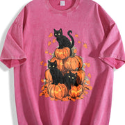 Halloween Holiday Costume Pumpkin Tower with Cat One-piece Vintage Washed T-Shirt in Red
