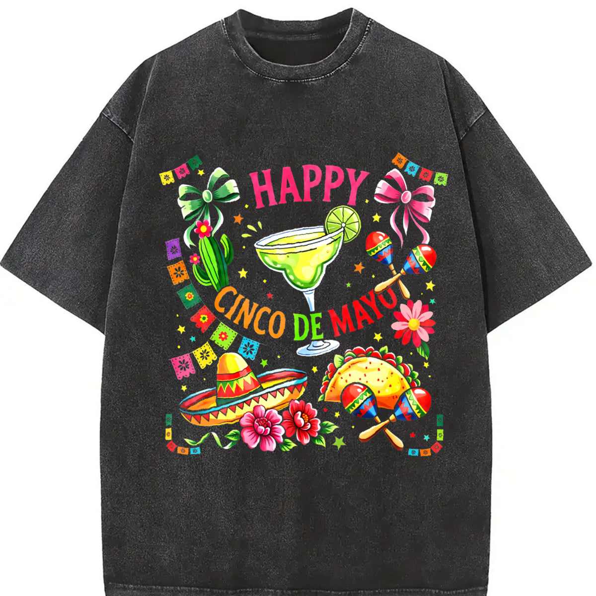 Happy Cinco de Mayo Vintage Washed T-Shirt in Black