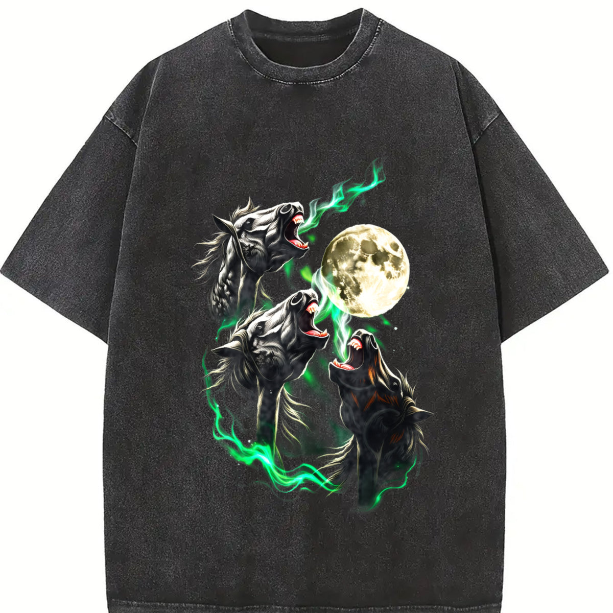 Horse Howling to Moon 90s Vintage Washed T-Shirt in Black