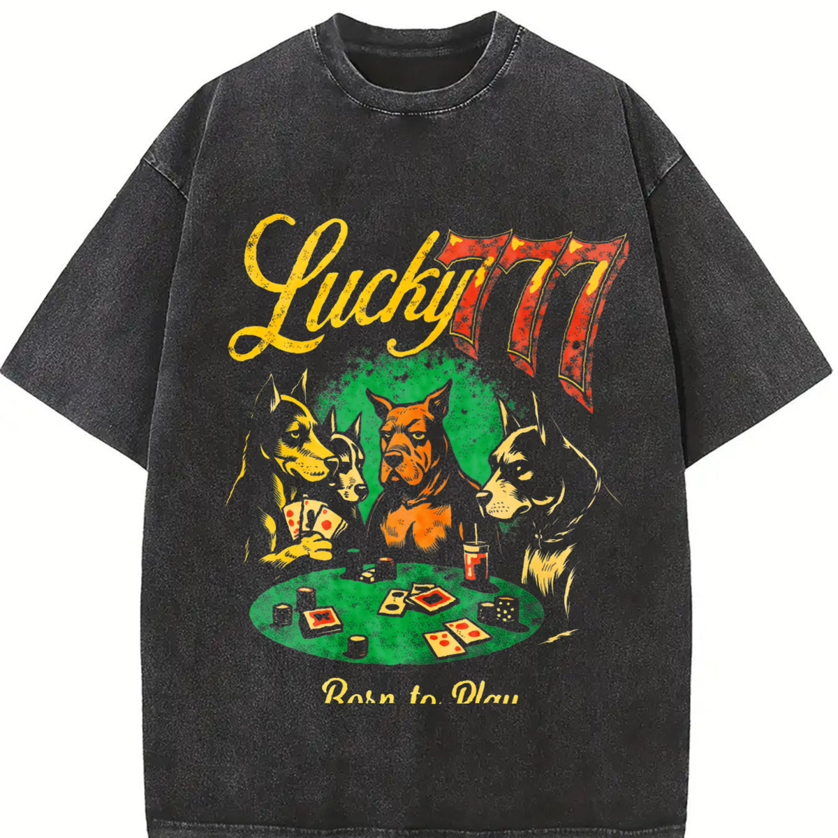 Lucky 777 Poker Dog Vintage Washed T-Shirt in Black